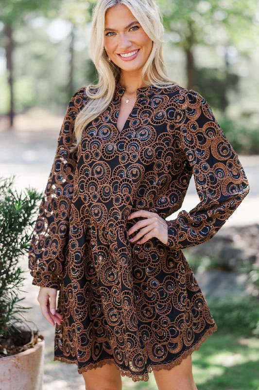 Out In Space Brown Embroidered Dress