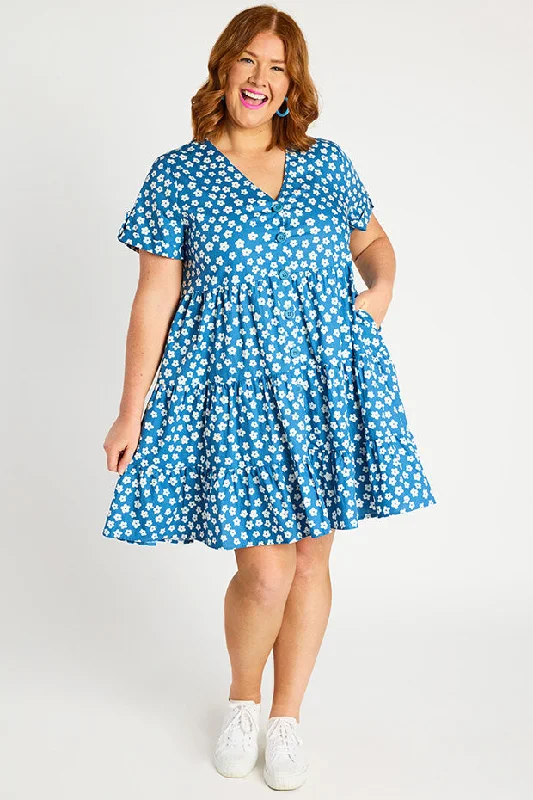 Popping Blue Sweet Daisy Dress