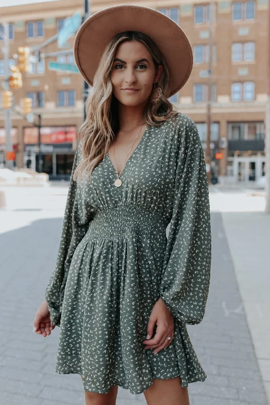 Olive Print V Neck Smocked Mini Dress