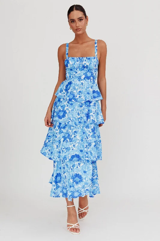 Provence Bloom Tiered Floral Maxi Dress Blue