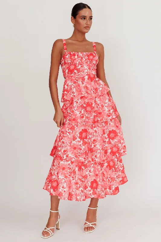 Provence Bloom Tiered Floral Maxi Dress Pink