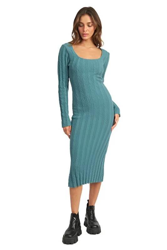 SQUARE NECK RIBBED MIDI DRESS