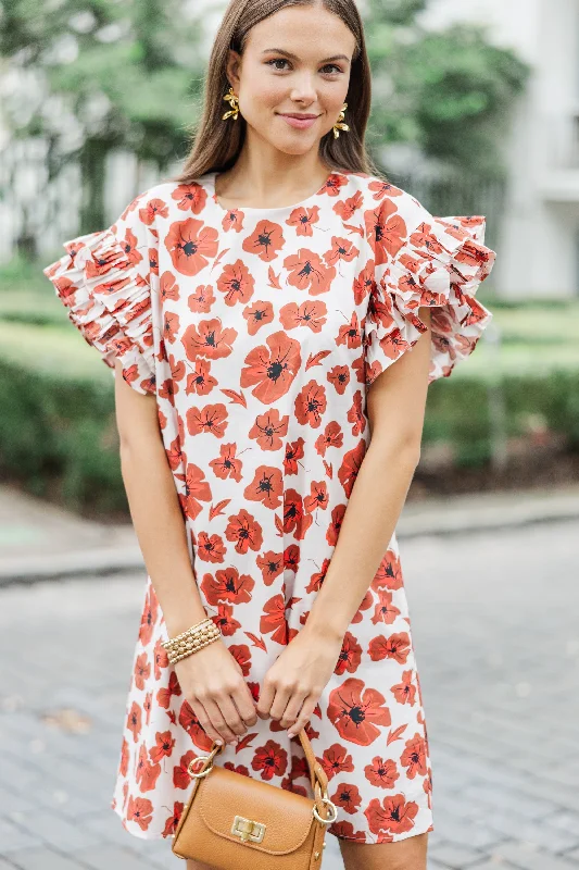 What A Vision Rust Orange Floral Ruffled Dress