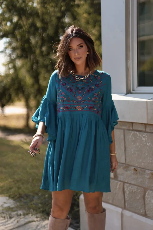 Whimsical Teal Floral Embroidered Mini Dress