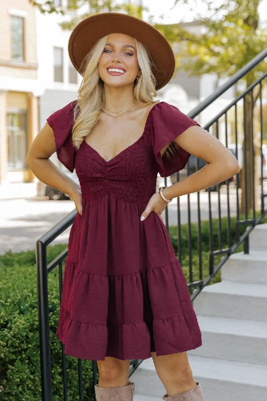 Wine Sweetheart Tiered Mini Dress